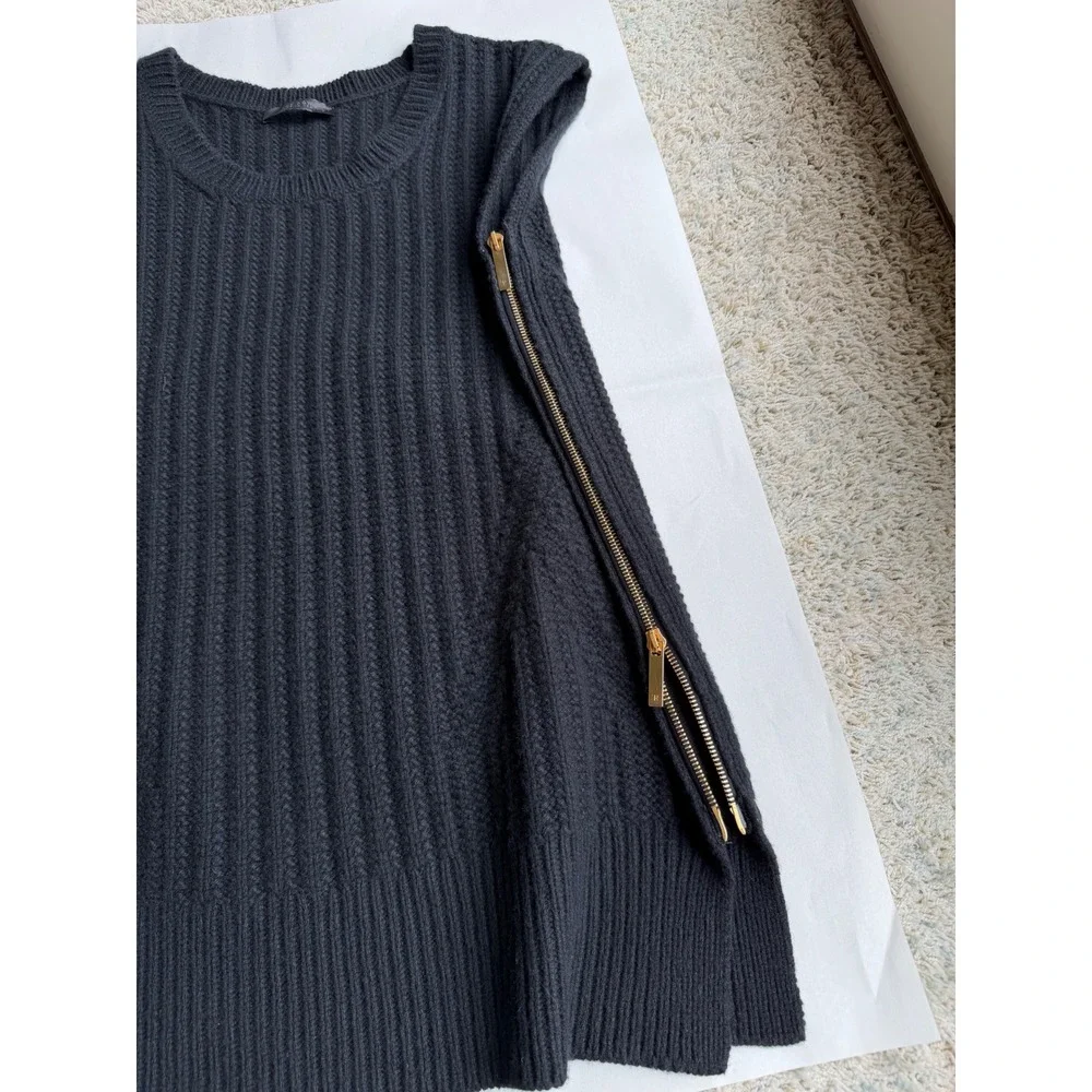 The Row Cashmere Merino Ribbed Side Zip Sweater Vest Black Made in USA M
